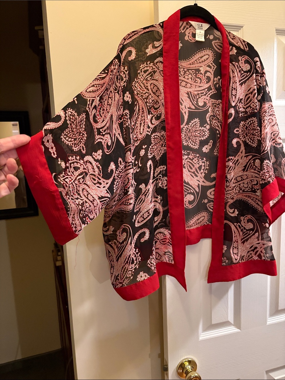 S.L.B woman Vintage kimono Black Paisley Sheer Kimono with Red Trim 1X